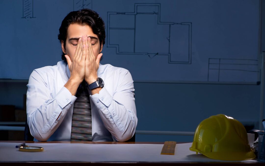 Young construction architect working on project at night